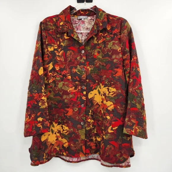 Habitat 3/4 Sleeve Button Front Shirt Womens Size Medium Floral Red Gold Fall - Picture 1 of 7